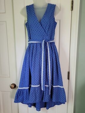 Four Flavor Blue Eyelet High-Low Midi Dress with Waist Tie Sz EU38 US10